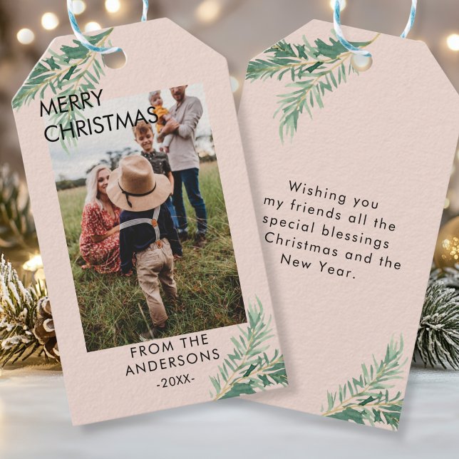 Personalized Photo Christmas gift tags (Personalized Photo, Leafy, Christmas Favor Tags. Your Name, Text & Photo.)