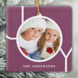 Personalized Photo Christmas Holiday Purple Ceramic Ornament<br><div class="desc">This modern Christmas Photo Ornament is decorated with the word JOY on a purple background.
Easily customizable with your photo and name.</div>