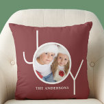 Personalized  Photo Christmas Holiday Red Throw Pillow<br><div class="desc">This stylish Christmas Holiday Photo Pillow is decorated with the word JOY in simple white typography on a deep red background.
Easily customizable with your photo and name.</div>
