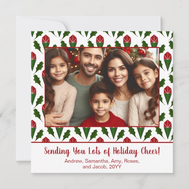 Personalized Photo Christmas Red Roses, Holly Holiday Card (Front)