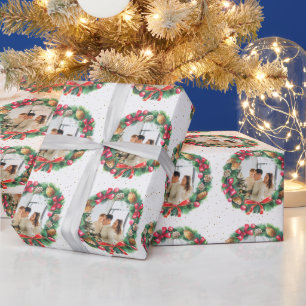 Personalized Photo Christmas Wreath Snow Wrapping Paper