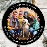 Personalized Photo Circle Return Address Classic Round Sticker<br><div class="desc">Add the finishing touch to your envelopes, mailings and stationary with these circle custom photo return address labels. Personalized these round return address labels with your favourite photo, pet photo, family photo with dog, names, and address. These modern holiday black return address labels are perfect for the Christmas holiday season....</div>