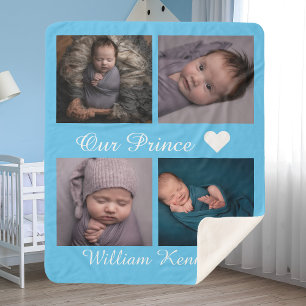 Personalized photo collage baby name monogram blue sherpa blanket