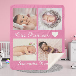 Personalized photo collage baby name monogram pink sherpa blanket