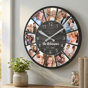 Personalized Photo Collage Black Wood Family Round Clock