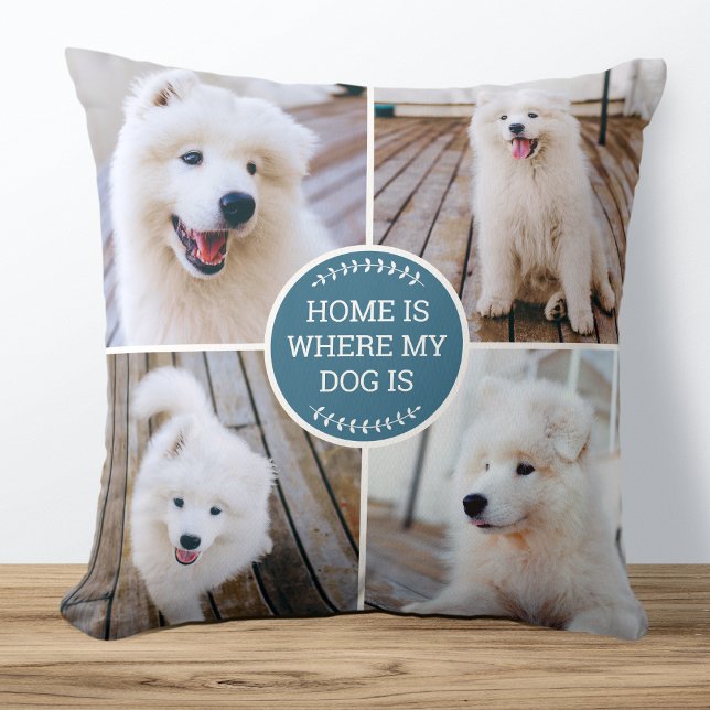 Personalized Photo Collage Custom Colour Dog Blue Throw Pillow (Creator Uploaded)