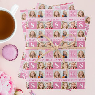 Personalized Photo Collage Cute Pink Girl Birthday Wrapping Paper Sheet