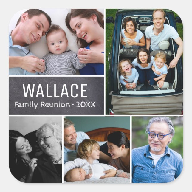 Personalized, photo collage, family reunion square sticker (Front)