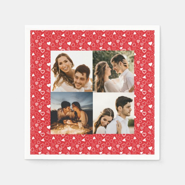Personalized photo collage hearts pattern red napkin (Front)