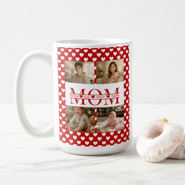 Personalized Photo Collage Mom Heart & Kids Name Coffee Mug (With Donut)