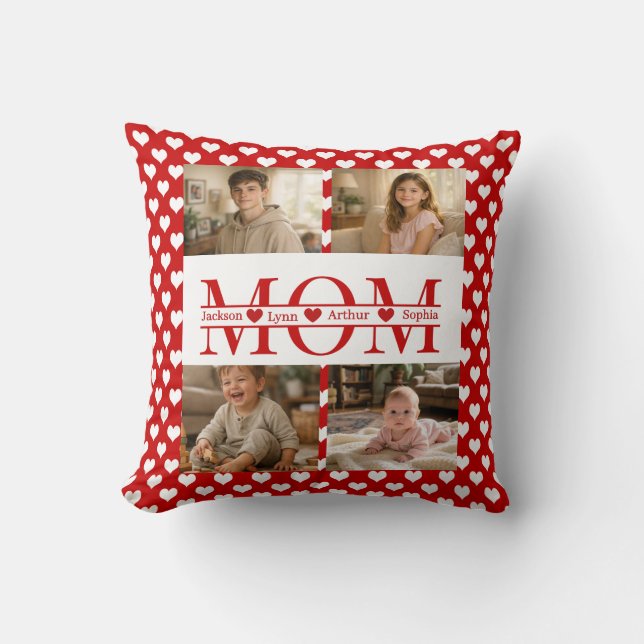 Personalized Photo Collage Mom Heart & Kids Name Throw Pillow (Front)