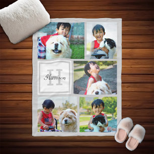 Personalized Photo Collage Monogrammed Grey Gift Fleece Blanket