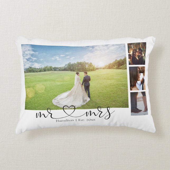 Personalized Photo Collage Mr and Mrs Heart Accent Pillow (Front)