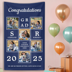Personalized Photo Collage Navy Blue Graduation Banner