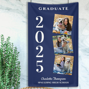 Personalized Photo Collage Navy Blue Graduation Banner
