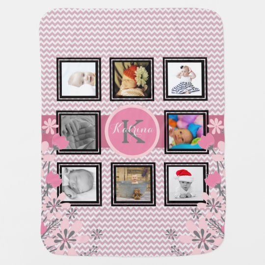 Personalized Photo Collage | Pink Chevron Floral Baby Blanket
