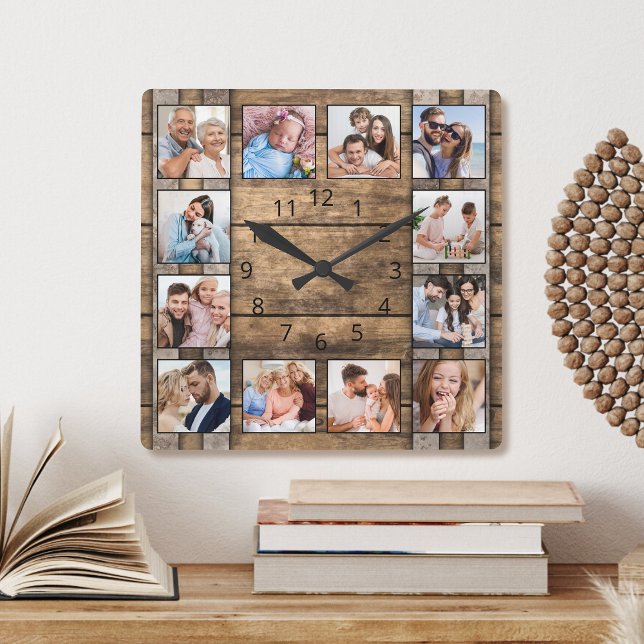 Personalized Photo Collage Rustic Wood Wine Barrel Square Wall Clock (Creator Uploaded)