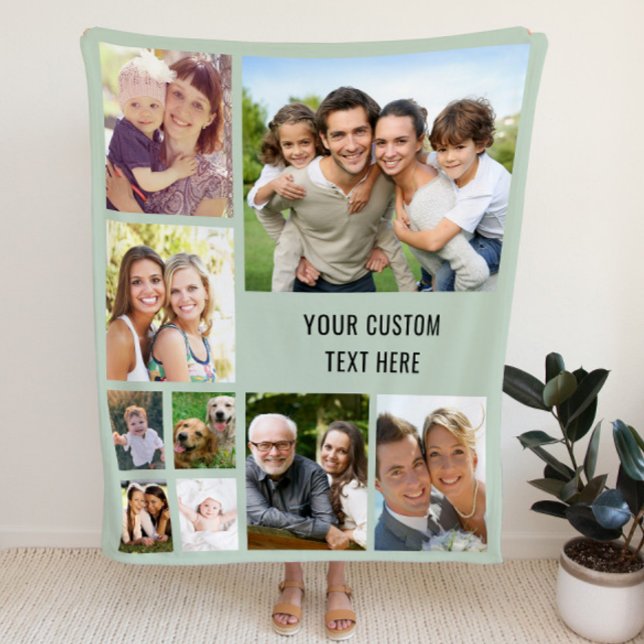 Personalized Photo Collage Sage Green Fleece Blanket (Creator Uploaded)