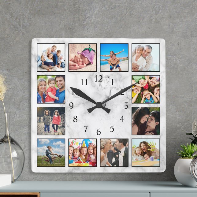 Personalized Photo Collage Stylish White Marble Square Wall Clock (Creator Uploaded)