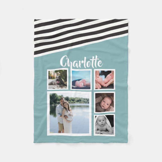Personalized Photo Collage Teal Striped Unique Fleece Blanket (Front)