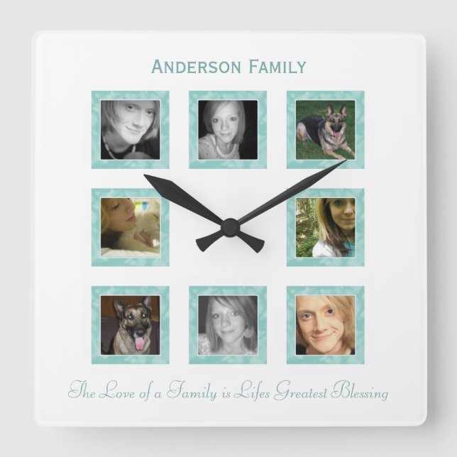 Personalized Photo Collage Wall Clock: Green Square Wall Clock (Front)