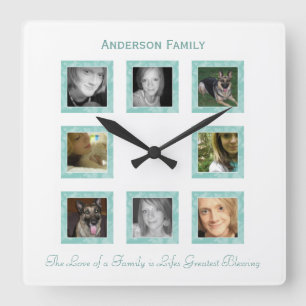 Personalized Photo Collage Wall Clock: Green Square Wall Clock