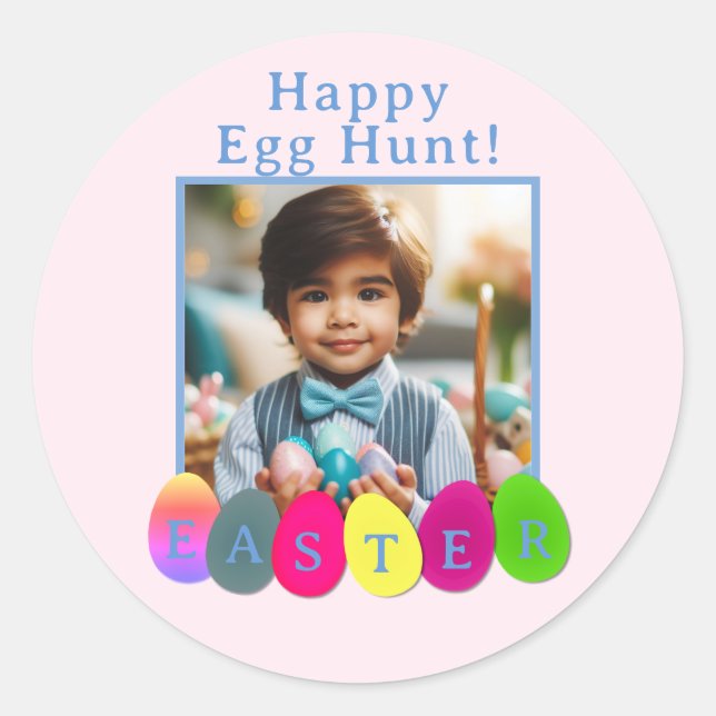 Personalized Photo Colour Egg Hunt Easter Pink Blu Classic Round Sticker (Front)