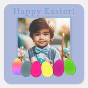 Personalized Photo Coloured Eggs Blue Happy Easter Square Sticker