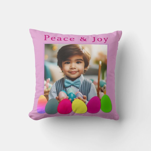 Personalized Photo Coloured Eggs Peace Joy Easter  Throw Pillow (Front)