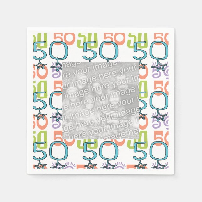 Personalized Photo Colourful 50th Birthday Party Napkin (Front)