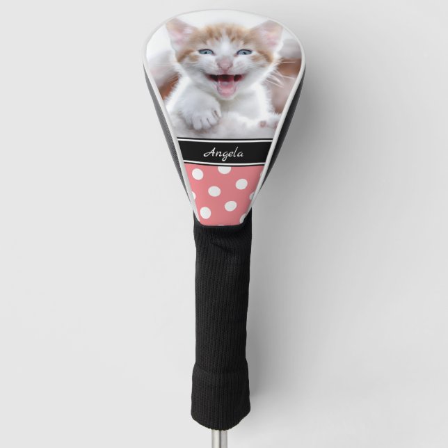 Personalized Photo Coral and White Polka Dot Golf Head Cover (Front)