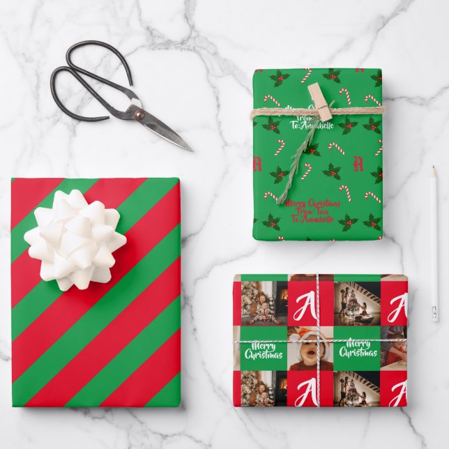 Personalized photo custom name Merry Christmas Wrapping Paper Sheet (Front)