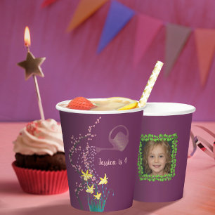 Personalized Photo Cute Daffodils Purple Birthday Paper Cups