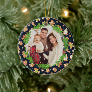 Personalized Photo Cute Gingerbread Christmas Navy Ceramic Ornament