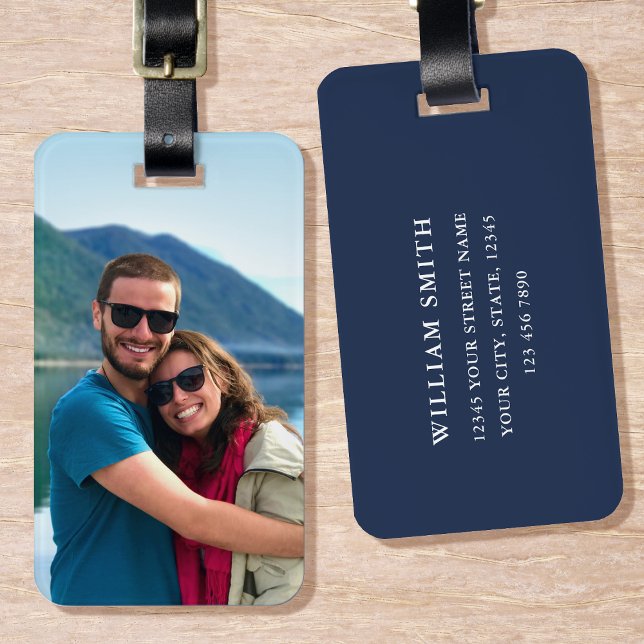 Personalized Photo Dark Blue Simple Modern Luggage Tag (Creator Uploaded)