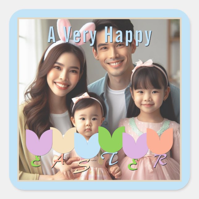 Personalized Photo Elegant Easter Spring Tulips Square Sticker (Front)