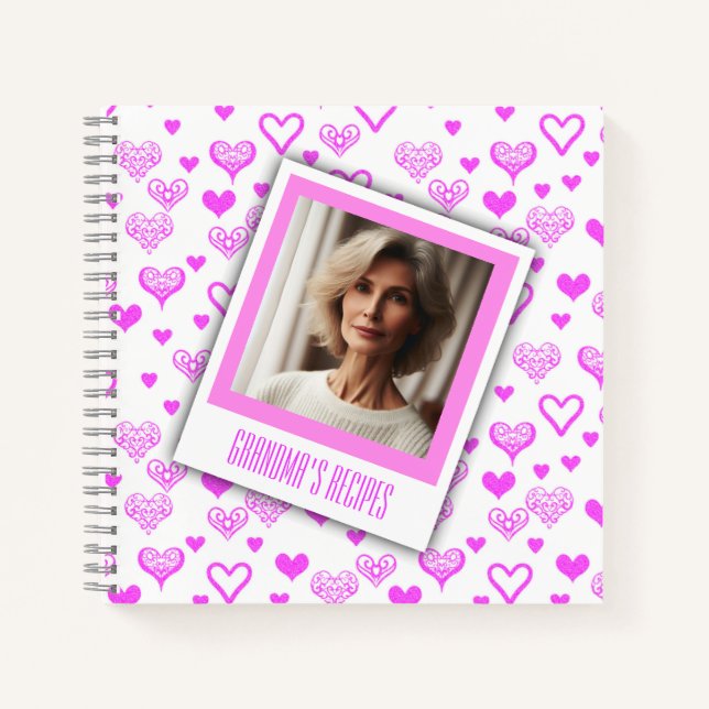 Personalized Photo Elegant Pink Hearts Recipe Book (Front)