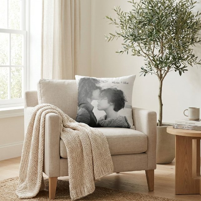 Personalized Photo Elegant Script Anniversary Text Throw Pillow (Creator Uploaded)