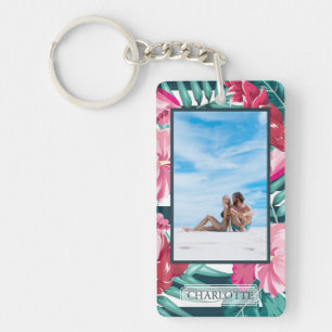 Personalized Photo Exotic striped Flowers Monogram Keychain