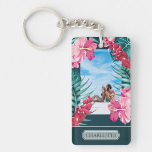Personalized Photo Exotic Summer Flowers Monogram Keychain