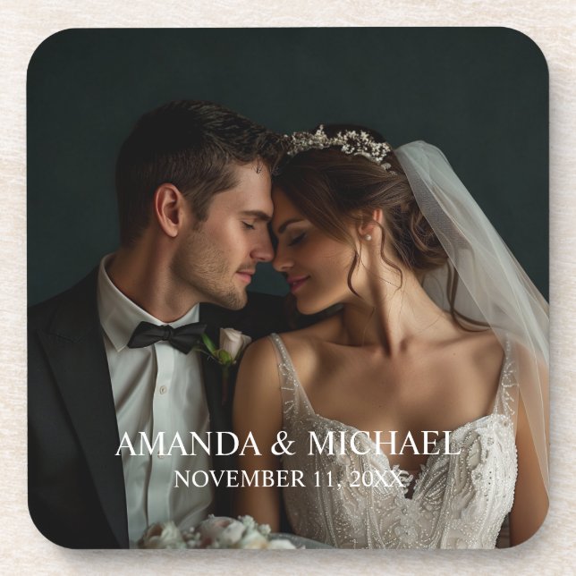 Personalized Photo Favor with Names & Wedding Date Coaster (Front)