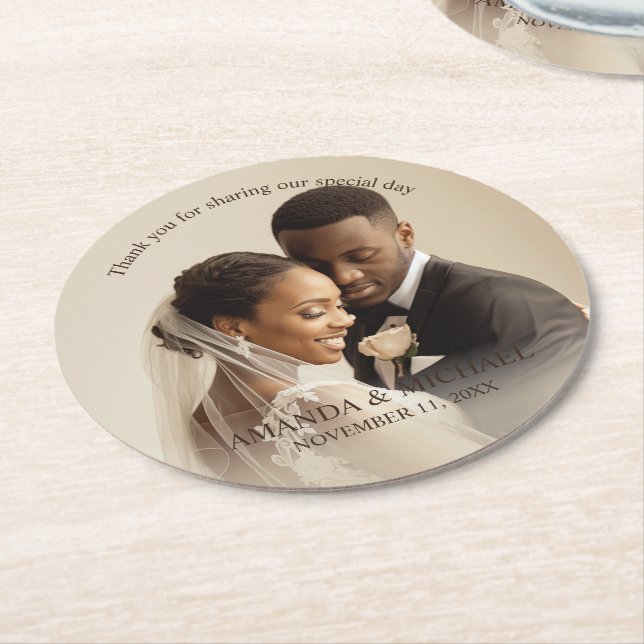 Personalized Photo Favor with Names & Wedding Date Round Paper Coaster (Angled)