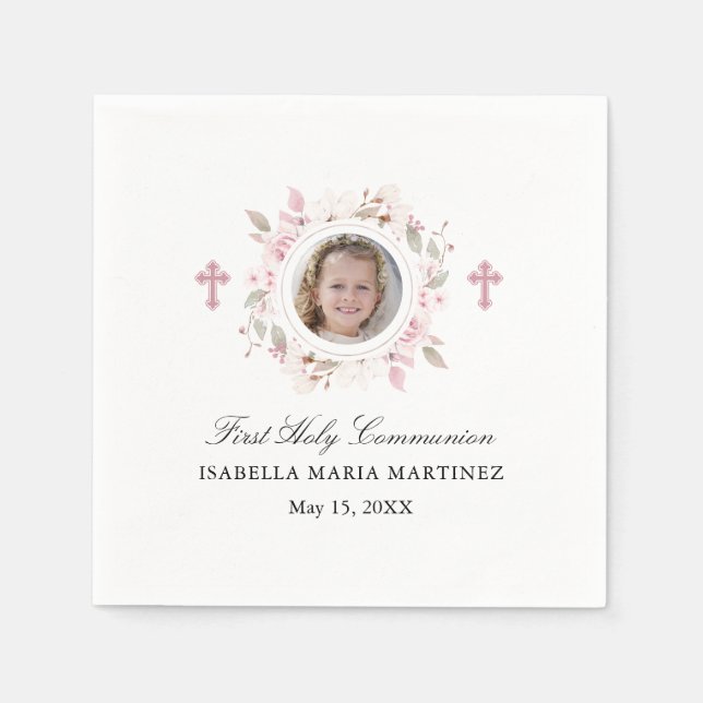 Personalized Photo First Communion Pink Floral Napkin (Front)