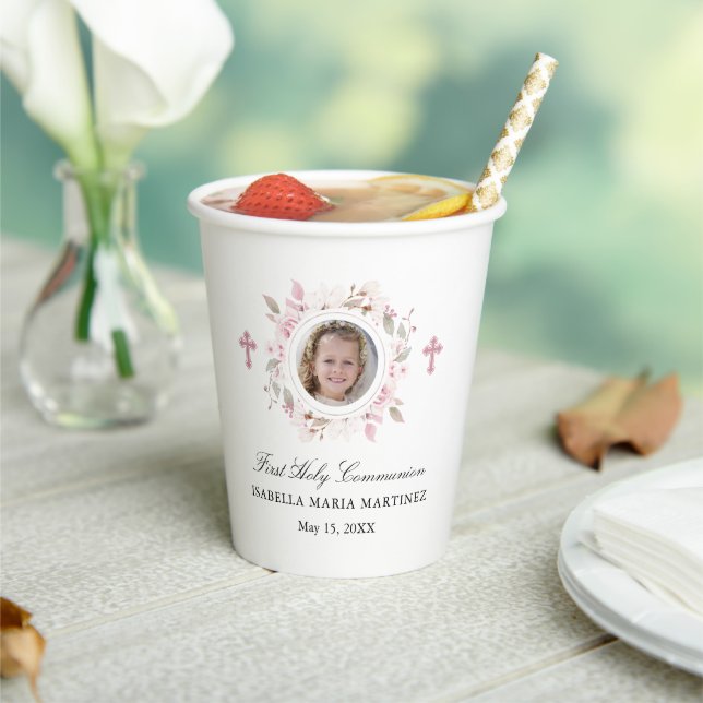 Personalized Photo First Communion Pink Floral Paper Cups (Insitu)