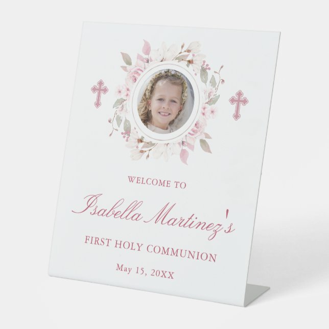Personalized Photo First Communion Pink Floral Pedestal Sign (Front)