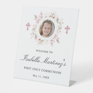 Personalized Photo First Communion Pink Floral Pedestal Sign