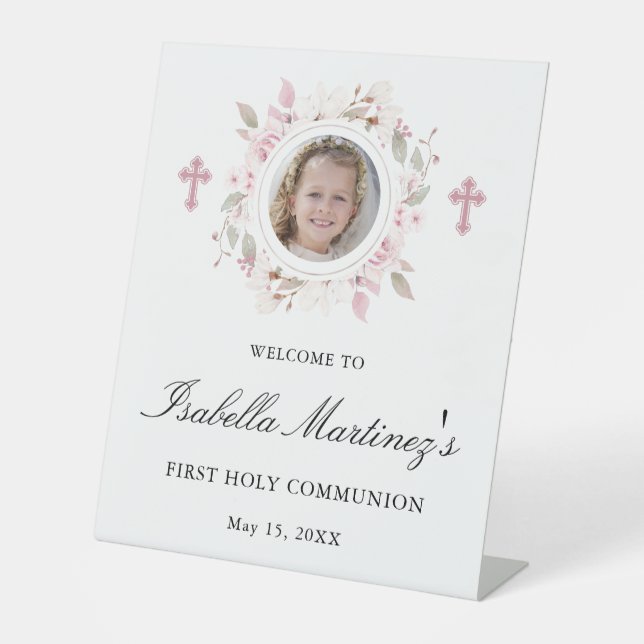 Personalized Photo First Communion Pink Floral Pedestal Sign (Front)