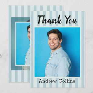 Personalized Photo for Him Modern Blue Stripes Thank You Card