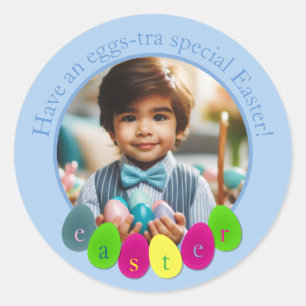 Personalized Photo Fun Coloured Easter Eggs in Blu Classic Round Sticker
