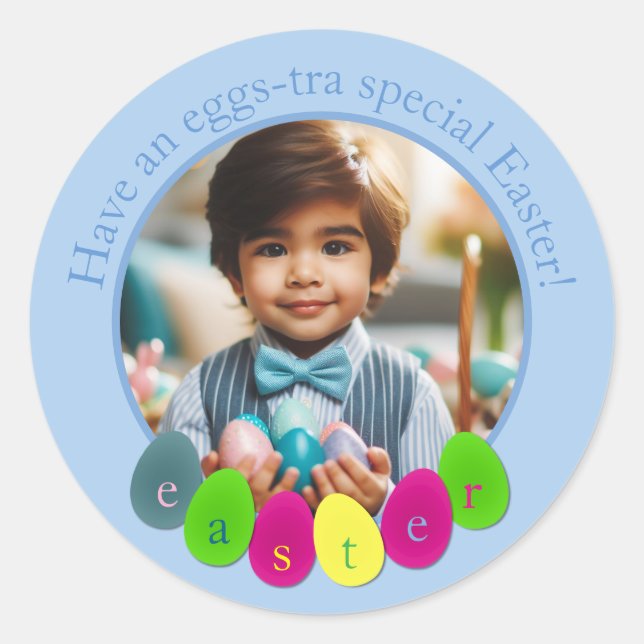 Personalized Photo Fun Coloured Easter Eggs in Blu Classic Round Sticker (Front)